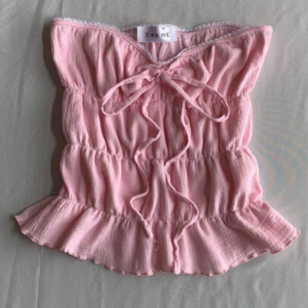 Handmade Baby Fairy Coquette Pink Ruffle Puff Ruched Tie Tube Top